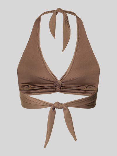 Produktfoto, braunes Bikini-Oberteil mit Neckholder Modell 'Kelli' von Barts aus Material-Mix mit Stretch-Anteil, V-Ausschnitt, Knoten-Detail, Schnürung und Label-Detail.