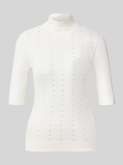 Produktfoto, Slim Fit Longsleeve aus reiner Lanawolle Modell 'Maglia Costine' von Liu Jo White, weiß, Stehkragen, halbe Ärmel, semitransparent, feine Rippenstruktur, dezente Glanzpunkte, Damenmode