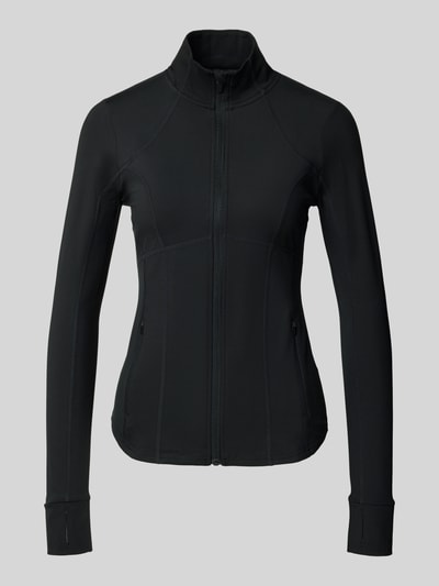 Produktfoto, schwarze Slim Fit Jacke mit Stehkragen Modell 'Storm' von Fabletics, elastischer Material-Mix, glatte Textur