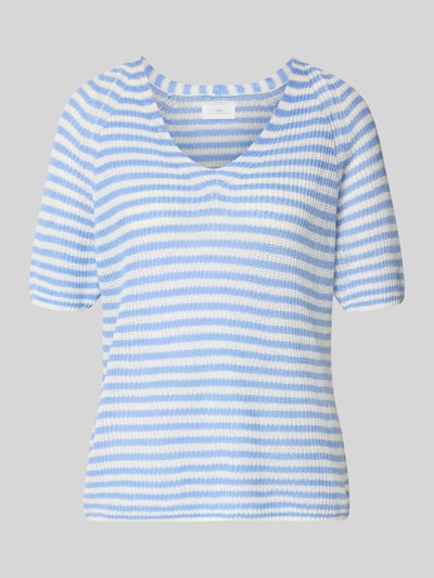 Produktfoto, T-Shirt aus Leinen mit V-Ausschnitt von Fynch-Hatton, blau-weiße Streifen, leichter Stoff, Regular Fit, kurzer Arm, Allover-Look