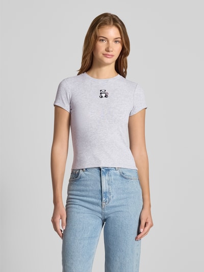 Review T-shirt met motiefstitching en ronde hals Lichtgrijs gemêleerd - 4