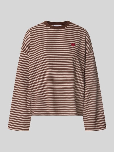 Produktfoto, Relaxed Fit Sweatshirt mit Baumwoll-Anteil von REVIEW, braun-weiß gestreift, Rundhalsausschnitt, Logo-Stitching, elastischer Material-Mix