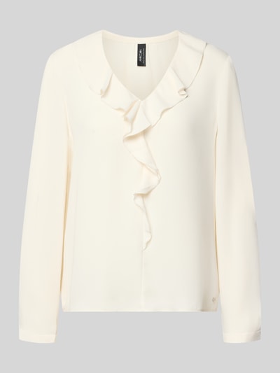 Produktfoto, Relaxed Fit Bluse mit Rüschenbesatz von Marc Cain in Creme mit V-Ausschnitt, langärmelig, glatte Textur, Rückenlänge 58 cm, Ärmellänge 61 cm, Größe 36