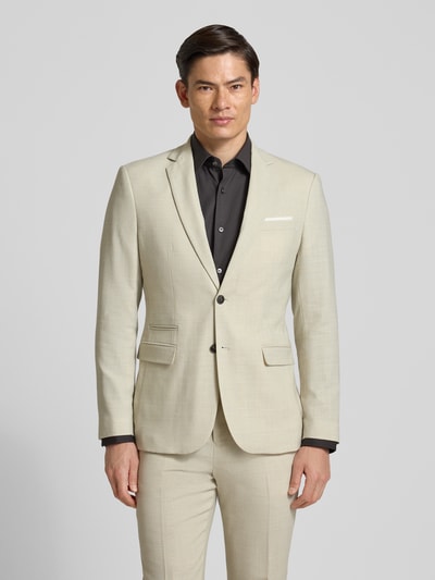 Männermodel trägt Slim Fit Anzugsakko mit Woll-Anteil Modell 'SLIM-OASIS' von SELECTED HOMME, helle Melange-Optik, Ganzkörperansicht von vorne.