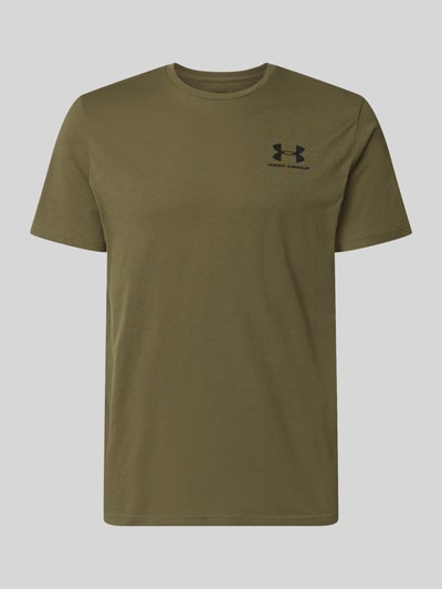 Produktfoto, Regular Fit T-Shirt mit Logo-Print Modell 'Left' von Under Armour, mieszanka bawełny, nadruk z logo, okrągły dekolt, długość tyłu w rozmiarze M 72 cm, kolor zielony, gładka tekstura