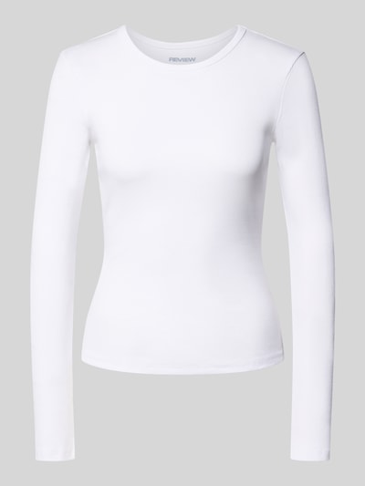 Produktfoto, Longsleeve mit Rundhalsausschnitt von REVIEW aus Baumwoll-Mix, Weiß, eng anliegend, Ripp-Struktur, Strukturen klar erkennbar.