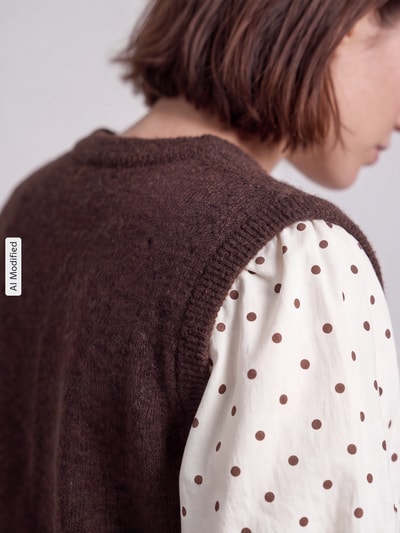 Frauenmodel trägt Regular Fit Weste mit V-Ausschnitt Modell 'SALLY' von Pieces aus braunem Strick, unifarben, Detailaufnahme, KI-modifiziertes Bild.