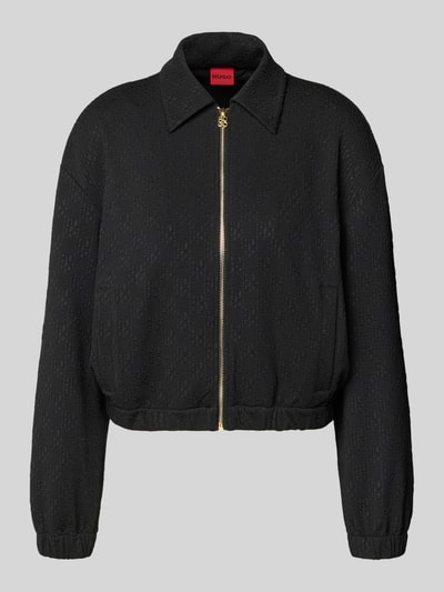 Produktfoto, Regular Fit Sweatjacke mit Allover-Muster Modell 'DAYANE' von HUGO, Optik:Unifarben, V-Ausschnitt, Umlegekragen, Materialverarbeitung: Sweat/Jacquard, Label-Applikation, Label-Stitching, Langarm, Ärmelabschluss: gerippt, schwarze Struktur mit feiner Muster-Textur.