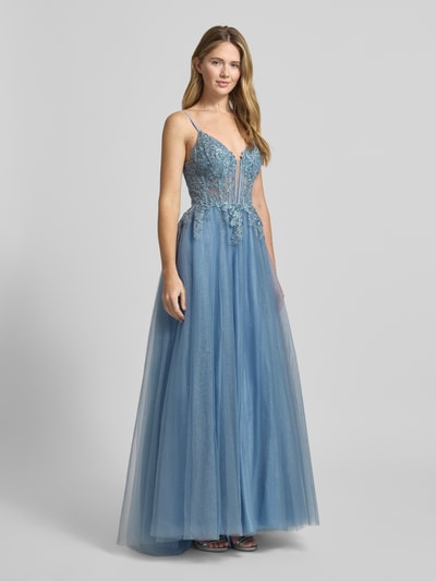 LUXUAR FASHION Avondjurk met bloemrijke stitching Rookblauw - 1