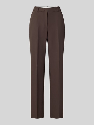 Produktfoto, dunkelbraune Straight Fit Hose mit Viskose-Anteil von COMMA, elastischer Material-Mix, Bügelfalten, neutrale Textur