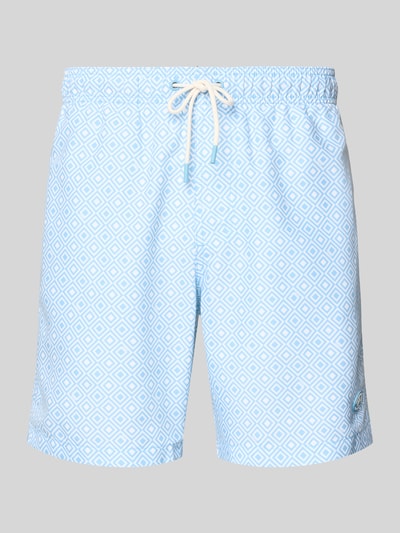Produktfoto, Badehose mit Label-Patch Modell 'Mike' von Shiwi in Hellblau mit Rauten-Muster, elastischer Bund mit Kordelzug, Gesäßleistentasche