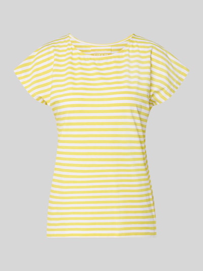 Produktfoto, Regular Fit T-Shirt mit Rundhalsausschnitt von G.I.G.A. DX, gelb-weiß gestreiftes Damen T-Shirt, Elastischer-Material-Mix mit Baumwoll-Anteil, taillierte Passform, Rückenlänge ca. 60 cm, Größe 36