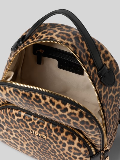 Produktfoto, Rucksack mit Allover-Animal-Print von Liu Jo White, braun-schwarzes Muster, goldene Reißverschlüsse, Logo, glatte Struktur
