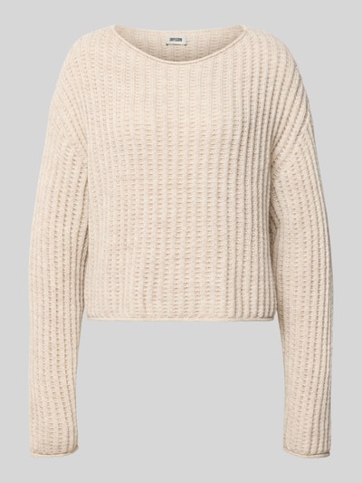 Produktfoto, sweter z dzianiny z mieszanki materiałów z domieszką wełny z alpaki, krój regular fit, okrągły dekolt, Model 'IMENY' od DRYKORN, długość tyłu w rozmiarze S 47 cm, długość rękawów 58 cm, kolor beżowy, wyraźna struktura dzianiny