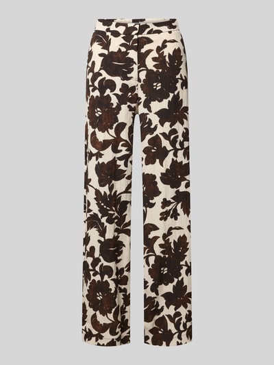 Produktfoto, Stoffhose aus Viskose-Mix mit Eingrifftaschen Modell 'KARINA' von KARINA, weiter Schnitt, florales Muster in Braun und Beige, Damen, Haken- und Reißverschluss, Bundweite 39 cm, Innenbeinlänge 77 cm.