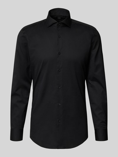 Produktfoto, schwarzes Slim Fit Businesshemd aus reiner Baumwolle Modell 'H-HANK-SP' von BOSS mit feinem Allover-Muster und Kentkragen