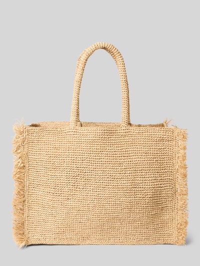 Productfoto, naturel kleur, rechthoekige shopper met franjes en labelstitching, model 'VANITY RAFFIA FRINGES' van MC2 Saint Barth, open hoofdvak, draagband, breedte 39 cm, lengte 31 cm, diepte 20 cm, bandlengte schouderband 55 cm