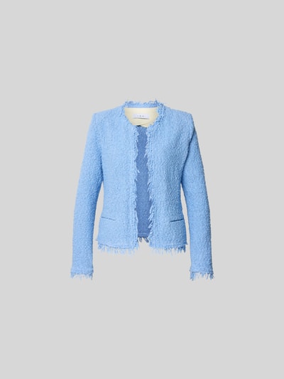 Produktfoto, Jacke mit Baumwoll-Anteil im Bouclé-Look von IRO in Hellblau, Slim Fit, offene Vorderseite, Leistentaschen, strukturierte Oberfläche.