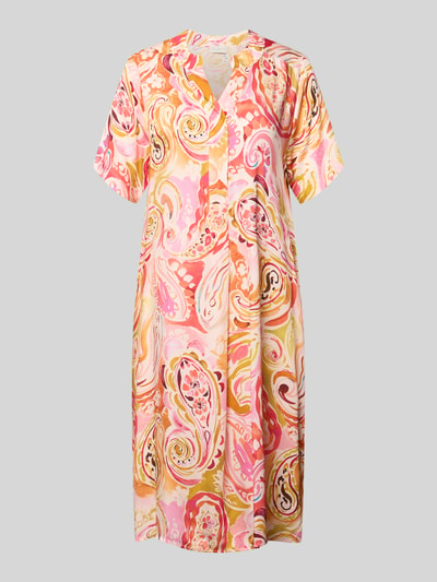 Produktfoto, knielang tuniekjurk uit zuiver viscose met tuniekkraag in roze, oranje en gele tinten, straight fit, ruglengte maat 36: 50 cm, borstwijdte maat 36: 50 cm, mouwlengte maat 36: 24 cm, Knielanges Tunikakleid aus Viskose mit Tunikakragen van Milano Italy