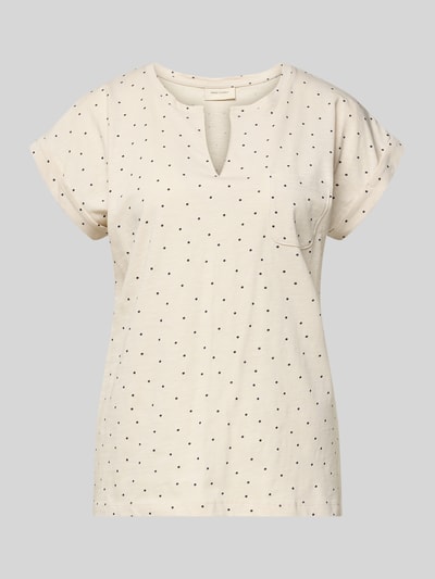 Productfoto, T-shirt met borstzakje model 'Viva' van FREE/QUENT, rechte fit, zuiver katoen, Serafino-hals, vaste omslag mouwen, crèmekleur met zwarte stippen, fijne textuur
