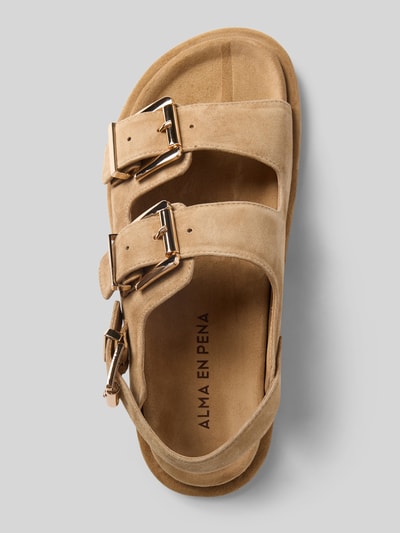 Produktfoto, Sandalette aus Leder mit Riemen und Dornschließen von ALMA EN PENA in Beige, Abgerundete-Spitze, Flach, Sohle, Absatzhöhe: 1 cm, Damen, Echtleder