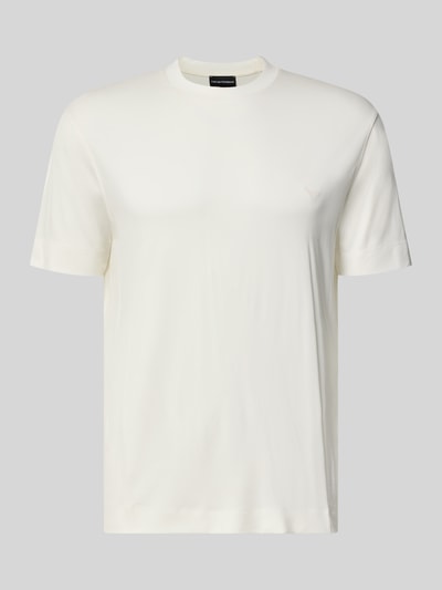 Produktfoto, T-Shirt mit Logo-Stitching von Emporio Armani in Weiß, gerade Passform, elastischer Modal-Mix mit Seiden-Anteil, Rundhalsausschnitt