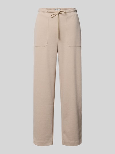 Produktfoto, Hose mit elastischem Bund Modell 'KATE PIQUE' von ICHI aus Baumwoll-Mix, Regular-Fit, beige, sichtbare Schnürung, glatte Textur, Damen, Bundweite 40 cm, Innenbeinlänge 70 cm bei Größe S.