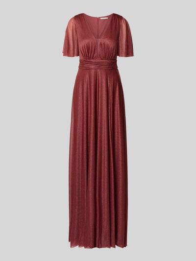 Produktfoto, Schimmerndes Maxikleid mit V-Ausschnitt und Taillenband von Christian Berg Cocktail, efekt błyszczący, długa sukienka z siateczki, linia a, dekolt w serek, tasiemka w talii, długość tyłu w rozmiarze 36: 149 cm, szerokość w rozmiarze 36: 35 cm, długość rękawów w rozmiarze 36: 29 cm