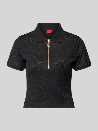 Produktfoto, Regular Fit Poloshirt aus Viskose-Mix Modell 'DEMETRI' von HUGO, czarny, półprzezroczysty, wzór zwierzęcy, kołnierzyk polo, krótki rękaw, tekstura z fakturą