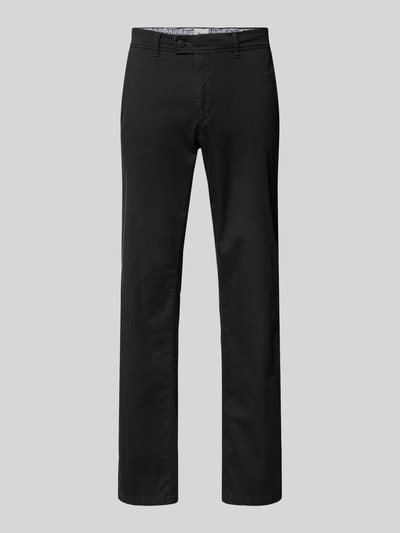 Produktfoto, schwarze Regular Fit Hose mit Gesäßtaschen Modell 'Evans' von Brax, glatte Baumwollmischung mit Stretch, gerade Form.