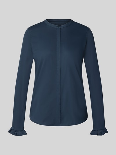 Produktfoto, dunkelblaue Bluse mit Mao-Kragen und Rüschenärmeln, Baumwoll-Mix mit Stretch, Modell 'Mattie' von MOS MOSH