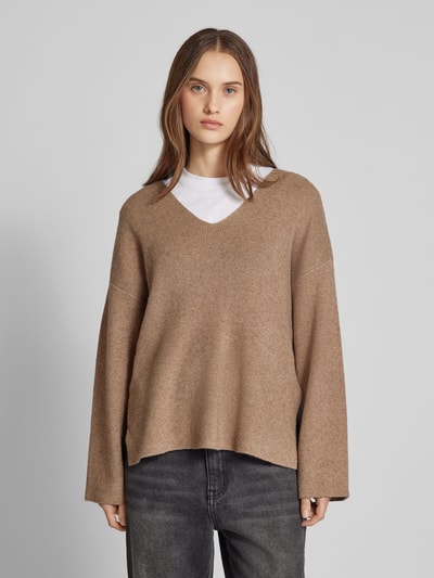 Only Relaxed fit gebreide pullover met viscose en hoge zijsplitten, model 'KATIA' Hazelnoot gemêleerd - 4