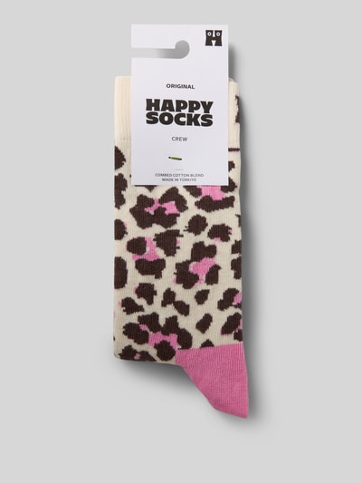 Produktfoto, Socken mit Label-Print von Happy Socks im Leopardenmuster mit braunen und pinken Flecken, Baumwoll-Mix mit Stretch-Anteil, körpernaher Schnitt, gerippter Abschluss