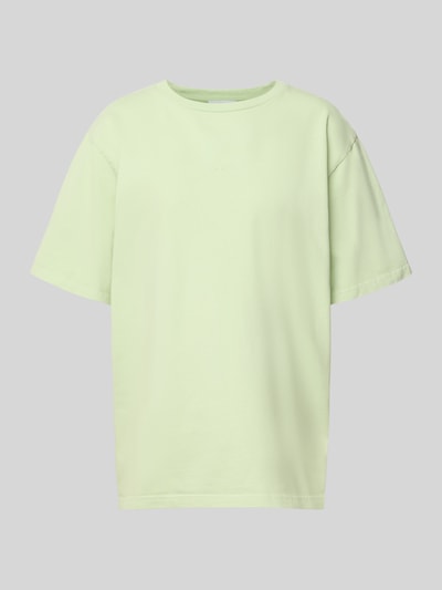 Produktfoto, Oversized Damen T-Shirt mit rundem Rundhalsausschnitt in zartem Pastellgrün, Reine Baumwolle, rückseitiger Print, Modell 'Midsummer' von OH APRIL, Rückenlänge bei Größe S: 69 cm.