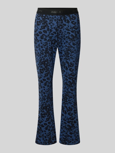 Produktfoto, Flared Fit Leggings met all-over dierenprint van Marc Cain in blauw en zwart, elastische materiaalmix, elastische band, logodetail, Dames, bandwijdte maat 36: 36 cm, binnenbeenlengte maat 36: 69 cm