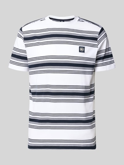 Produktfoto, T-Shirt mit Label-Patch und Rundhalsausschnitt von Lerros, weiße und dunkelblaue Querstreifen, Reine Baumwolle, Regular-Fit, Rückenlänge bei Größe M 72 cm