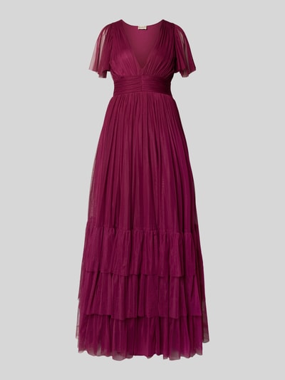 Produktfoto, Abendkleid mit tiefem V-Ausschnitt van LACE & BEADS dames avondjurk in A-lijn als maxi-jurk met laagjeslook en tailleband, ruglengte maat S 149 cm, borstwijdte 38 cm, mouwlengte 27 cm, bordeauxrood, transparante textuur, vloeiende vorm.