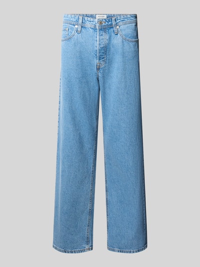 Produktfoto, Straight Fit Jeans aus reiner Baumwolle Modell 'Ted' von JACK & JONES, jasnoniebieski denim, 5 kieszeni, zapięcie na guzik i zamek błyskawiczny, szerokość w rozmiarze 32/32: 42 cm, długość wewnętrzna nogawki: 75 cm, bawełna