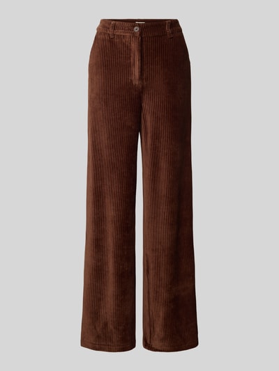 Productfoto, bruine corduroy broek van katoenmix met stretch, relaxed fit, knoop- en ritssluiting, paspelzakken achter, Model 'TAMARY' van ICHI, Bandwijdte maat S 40 cm, Binnenbeenlengte maat S 80 cm