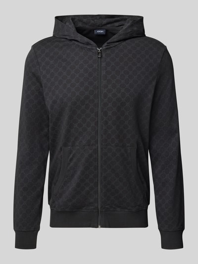 Produktfoto, Sweatjacke mit Logo-Muster und Kapuze von JOOP! Collection, schwarze Baumwolle, Regular Fit, Reißverschluss, Eingrifftaschen.