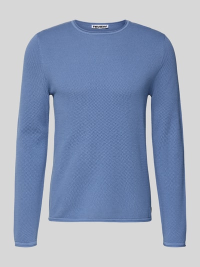 Produktfoto, Basic Strickpullover mit Rundhalsausschnitt und Rollkanten von REVIEW in Blau, reine Baumwolle, Regular Fit, feine Strickstruktur