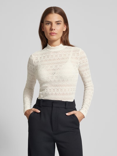 Vero Moda Shaped Fit Langarmshirt aus Spitze mit hochgeschlossenem Kragen Modell 'ZOE' Beige 4