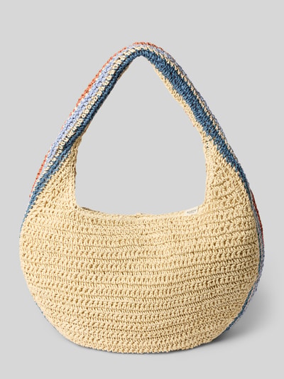 Produktfoto, Handtasche mit Label-Detail Modell 'Saunteer' von Barts aus beigefarbener Flechtstruktur mit blauen und braunen Akzenten, Schulterriemen, Maße 45x32x12 cm, Innenfach mit Reißverschluss