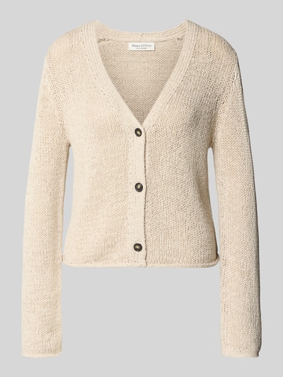 Productfoto, Slim Fit Strickjacke aus Baumwoll-Mix van Marc O'Polo, effen gebreid, diepe V-hals, lange mouw, rolzoom, beige kleuren, katoenmix textuur