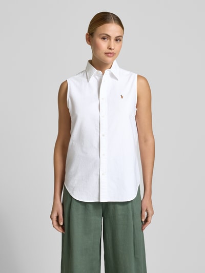 Vrouwenmodel draagt Regular Fit Blusentop uit pure katoen van Polo Ralph Lauren, effen, logo-stitching, afgerond, frontaal vollichaamsbeeld