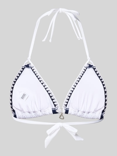 Produktfoto, Bikini-Oberteil mit Strukturmuster Modell 'BLUCO' von Banana Moon, elastyczna mieszanka materiałów, fakturowany wzór, wiązanie na szyi, kolor biały z czarnymi detalami