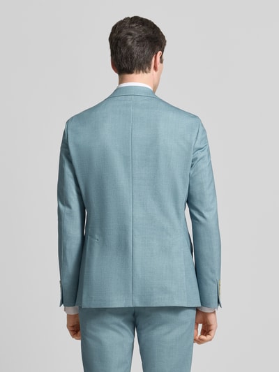Männermodel trägt Slim Fit Anzug mit 2-Knopf-Sakko von Wilvorst in Hellblau, Baumwoll-Materialmix, Ganzkörperansicht Rückansicht