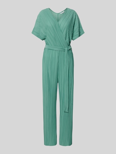 Produktfoto, Jumpsuit met plissévouwen en strikceintuur model 'Pe44arl' van ZABAIONE in mintgroen, getailleerd model, wikkellook, V-hals, totale lengte maat S 145 cm, borstwijdte 39 cm, binnenbeenlengte 69 cm
