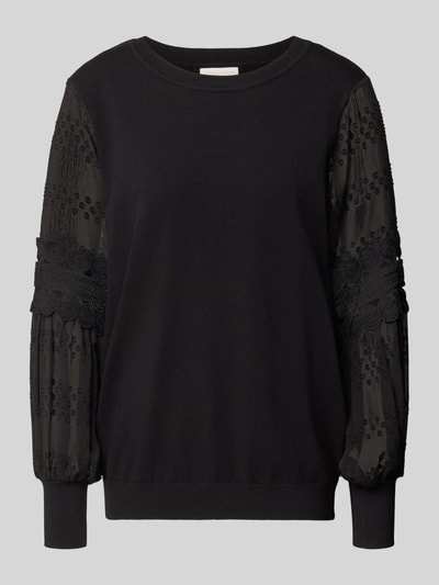 Produktfoto, Regular Fit Bluse aus Viskose-Mix mit Loch-Stitching von Apricot in Schwarz, semitransparenten Ärmeln, Rundhalsausschnitt, Damenmode