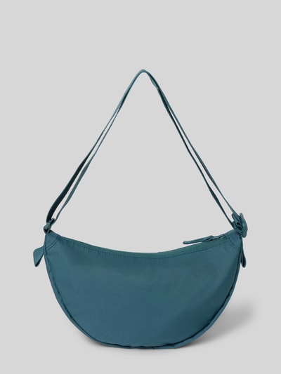 Produktfoto, Umhängetasche mit Label-Detail von Gotbag in Blau mit Reißverschluss, Innenfach, verstellbarem Schulterriemen, Größe 31x19x9 cm.